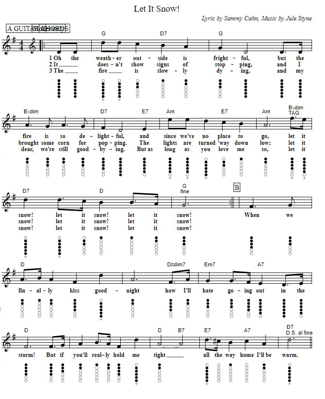 Let it snow lyrics chords sheet music and tin whistle notes