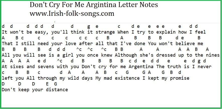 Don't Cry For Me Argentina music letter notes for beginners