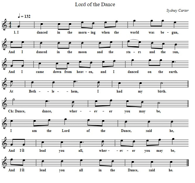Lord of the dance sheet music notes in C Major