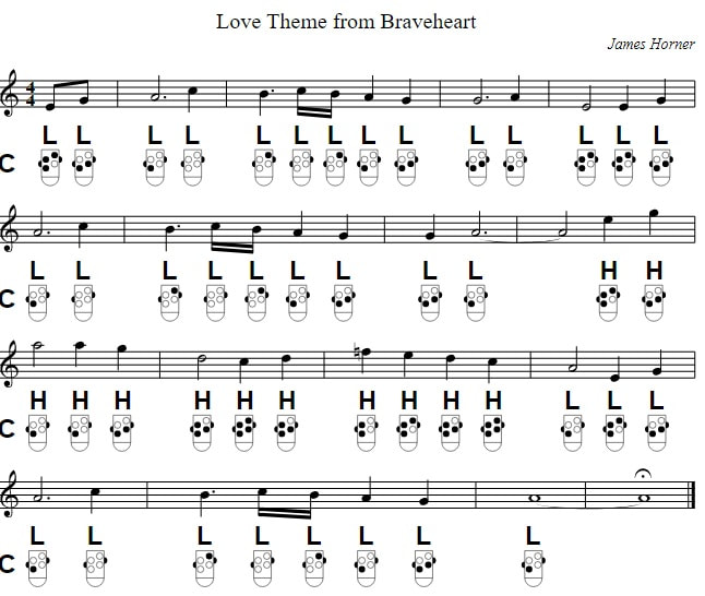 Love theme from Braveheart movie tab on 6 hole Ocarina