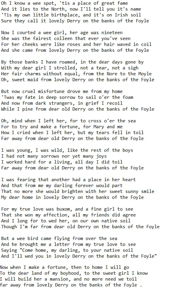 Lyrics For Lovely Derry on the banks of the foyle