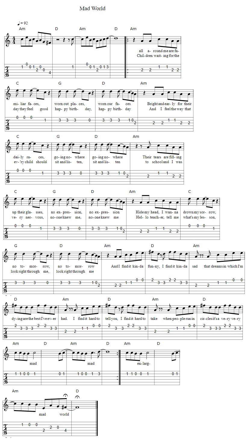 Mad world guitar tab with chords