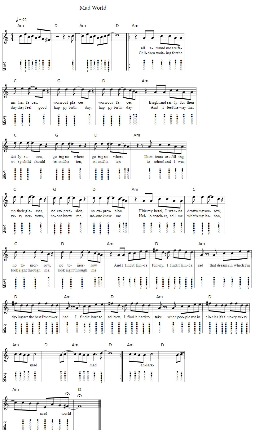 Mad world tin whistle tab with chords