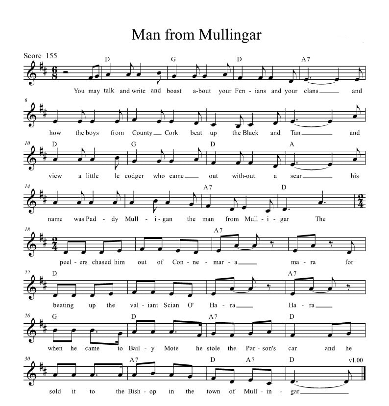 The man from Mullingar sheet music lyrics and chords