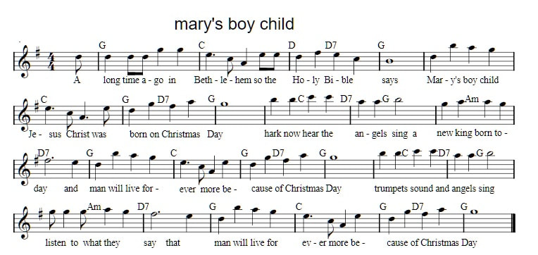 Mary's boy child piano sheet music in G Major with lyrics