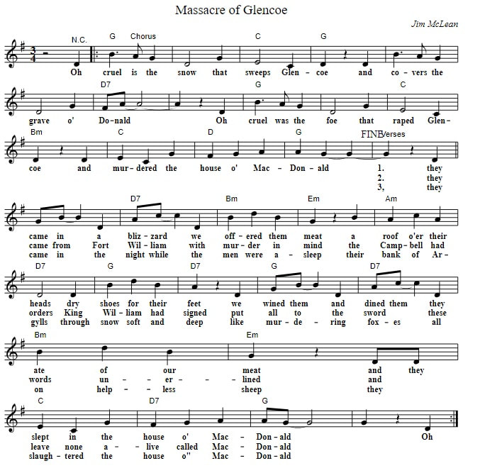 The Massacre Of Glencoe Sheet Music Score In The Key Of G Major With The Guitar Chords