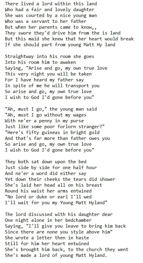 Matt Hyland lyrics by Paddy Reilly