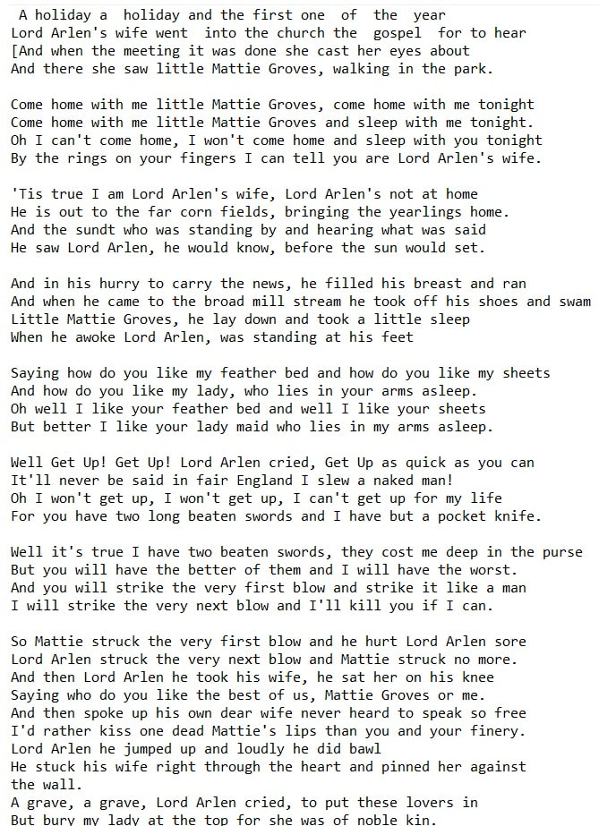 Mattie Groves folk song lyrics