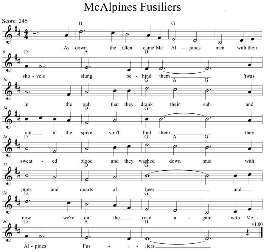 McAlpines fusiliers sheet music lyrics and chords