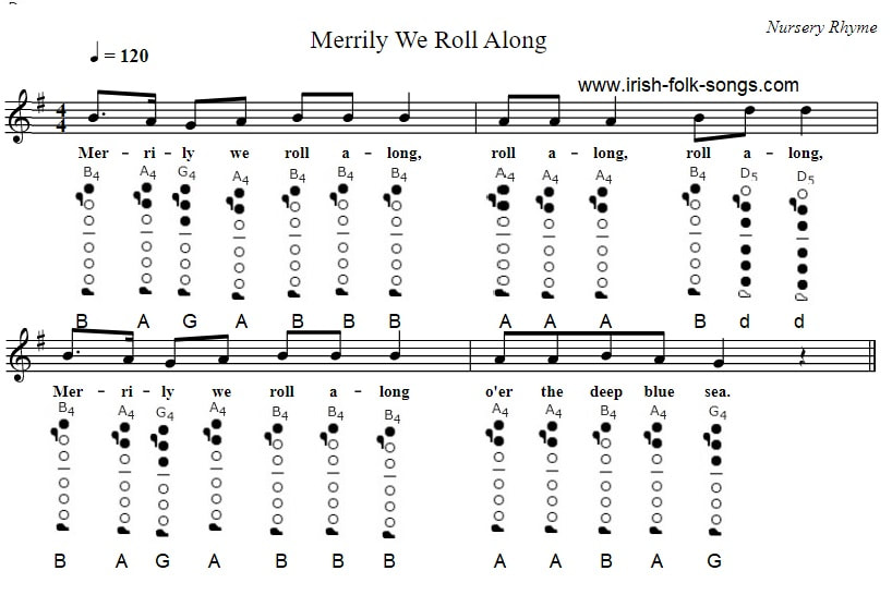 Merrily we roll along easy flute sheet music with letter notes