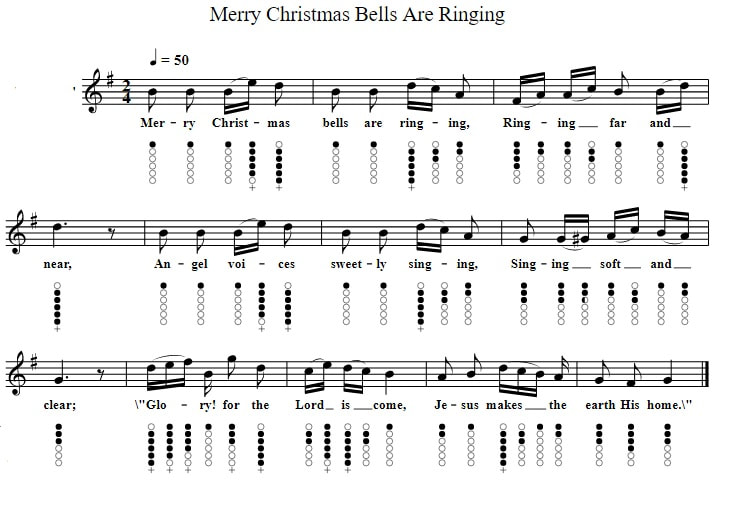 Merry Christmas bells are ringing sheet music and tin whistle notes