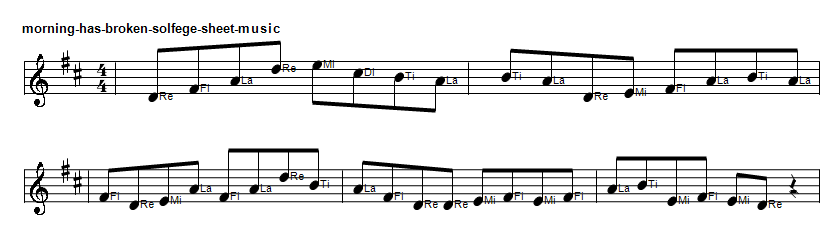 Solfege sheet music notes for morning has broken in D Major