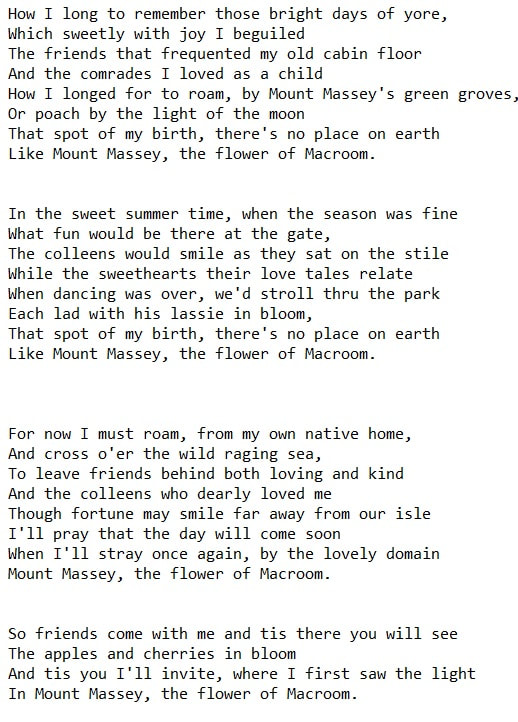 Mount Massey the flower of Macroom lyrics