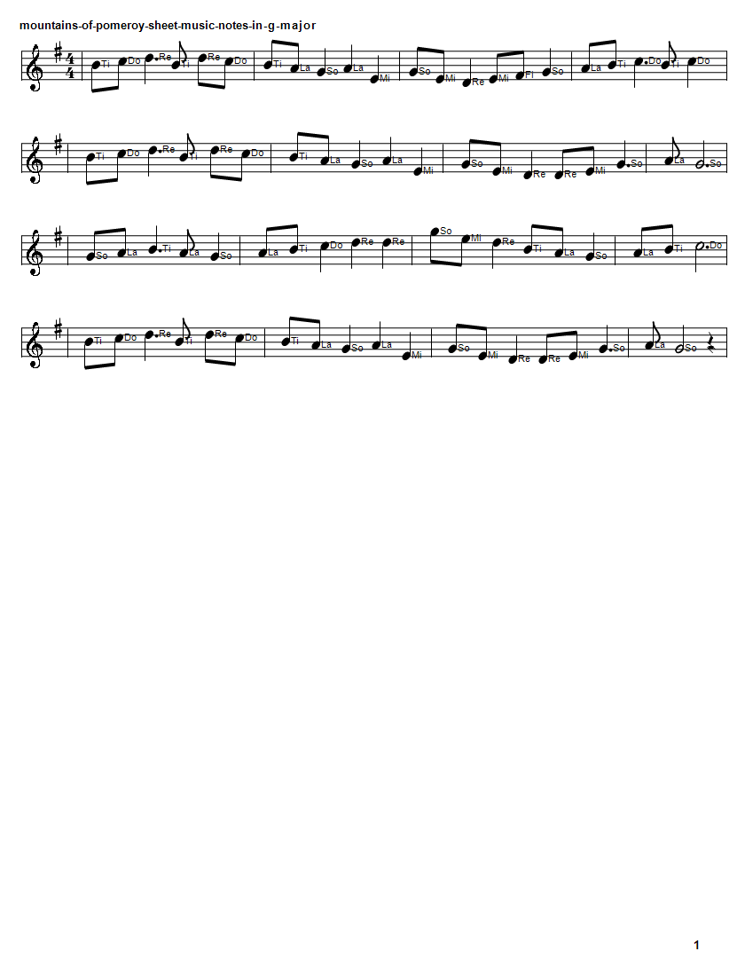 The mountains of Pomeroy sheet music notes in G Major in Do RE Mi format