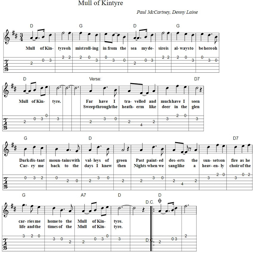 Mull of Kintyre guitar tab and chords
