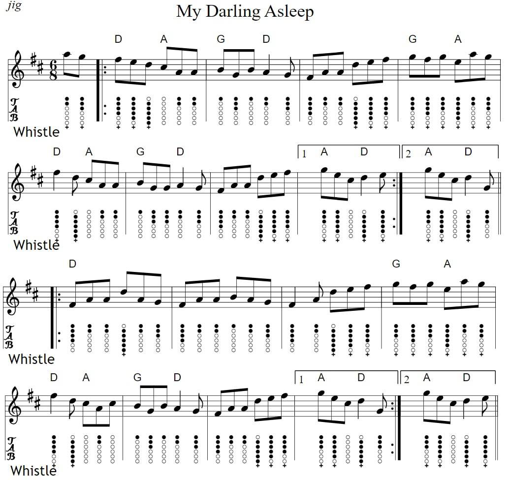My darling's asleep tin whistle sheet music with chords