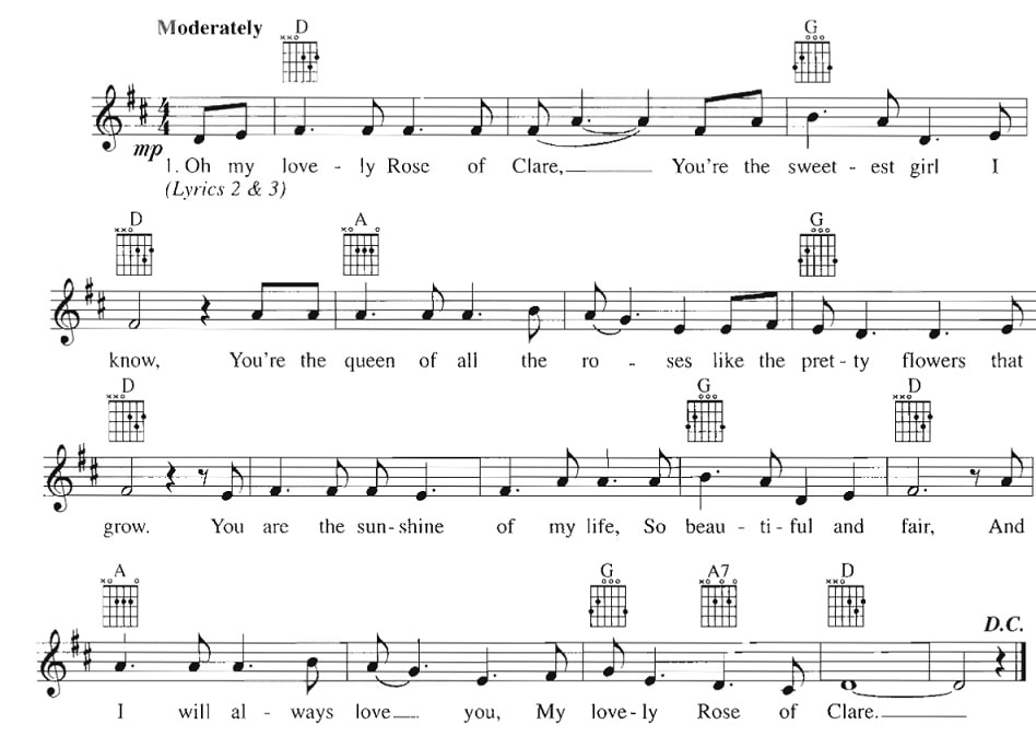 My lovely rose of Clare sheet music score in D Major
