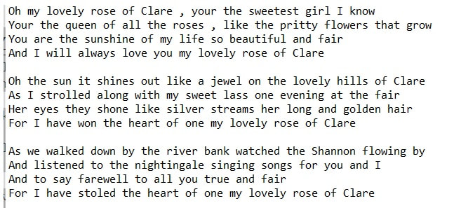 My lovely rose of Clare song lyrics