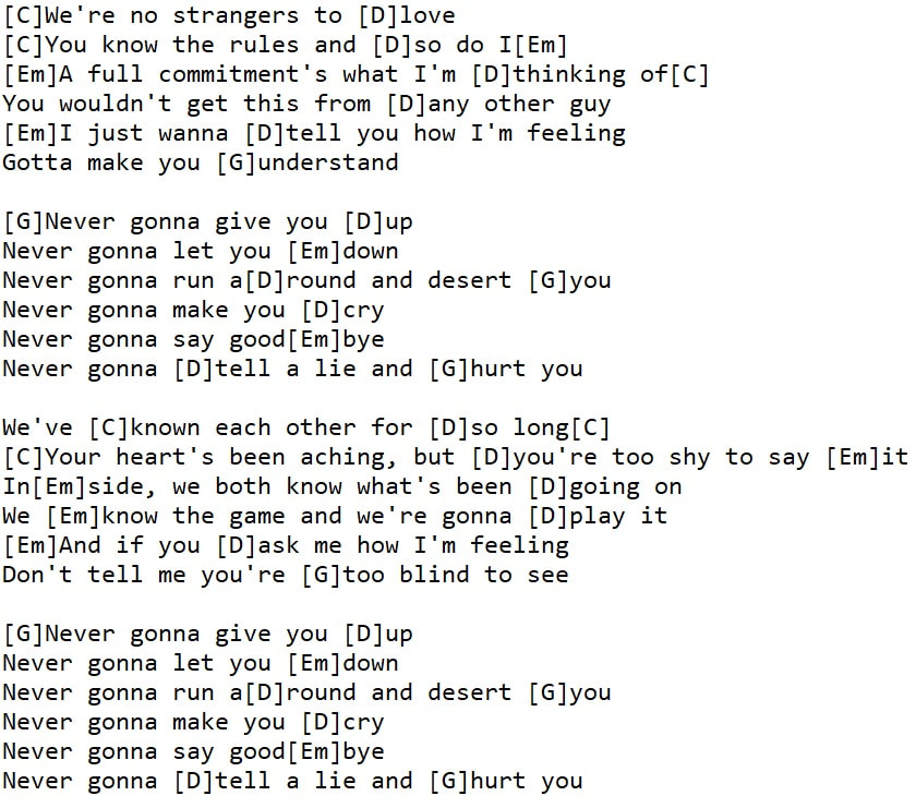 Never gonna give you up easy guitar chords by Rick Astley