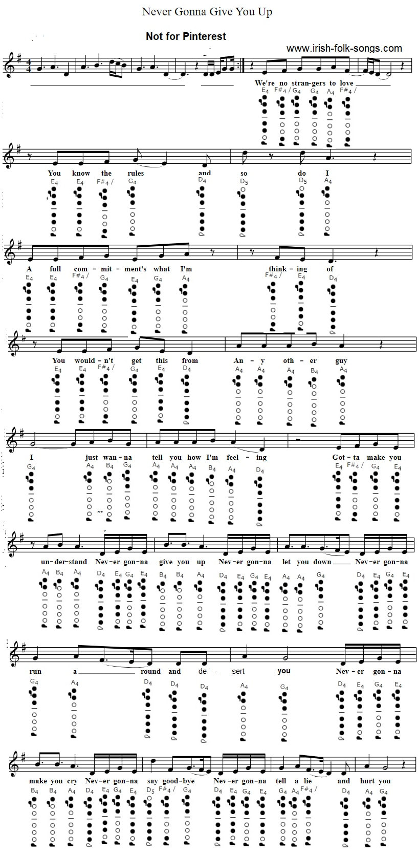 Never Gonna Give You Up Easy Sheet Music And Piano Letter Notes - Irish  Folk Songs