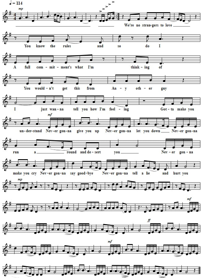 Never gonna give you up easy flute sheet music