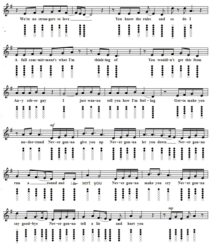 Never Gonna Give You Up Tin Whistle Tab / notes