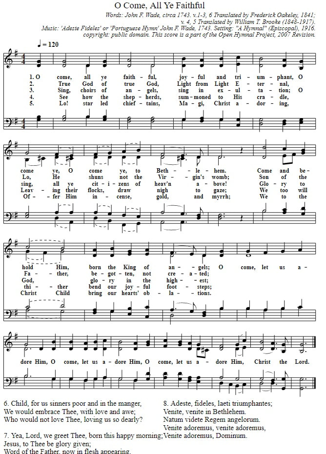 O Come all ye faithful piano sheet music with bass notes