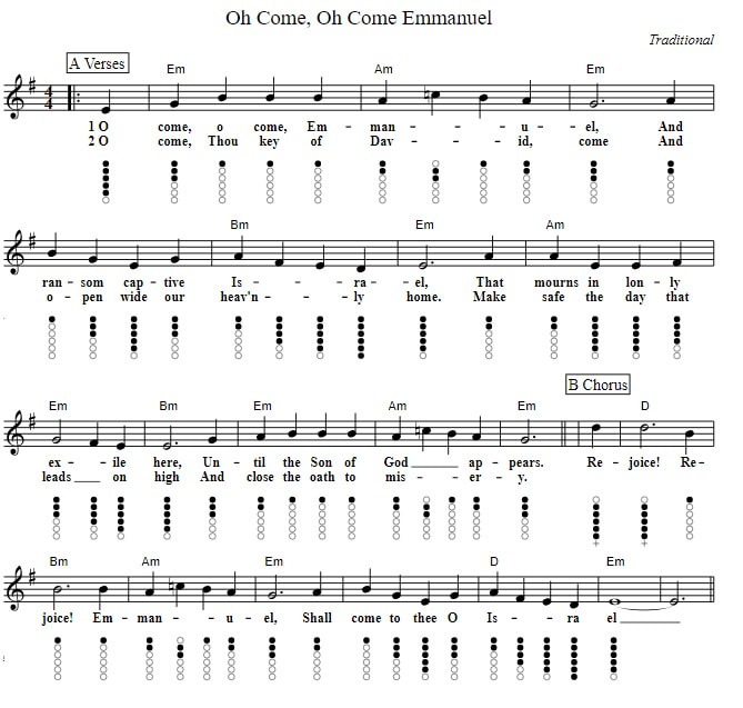 oh come o come emmanuel tin whistle  sheet music notes