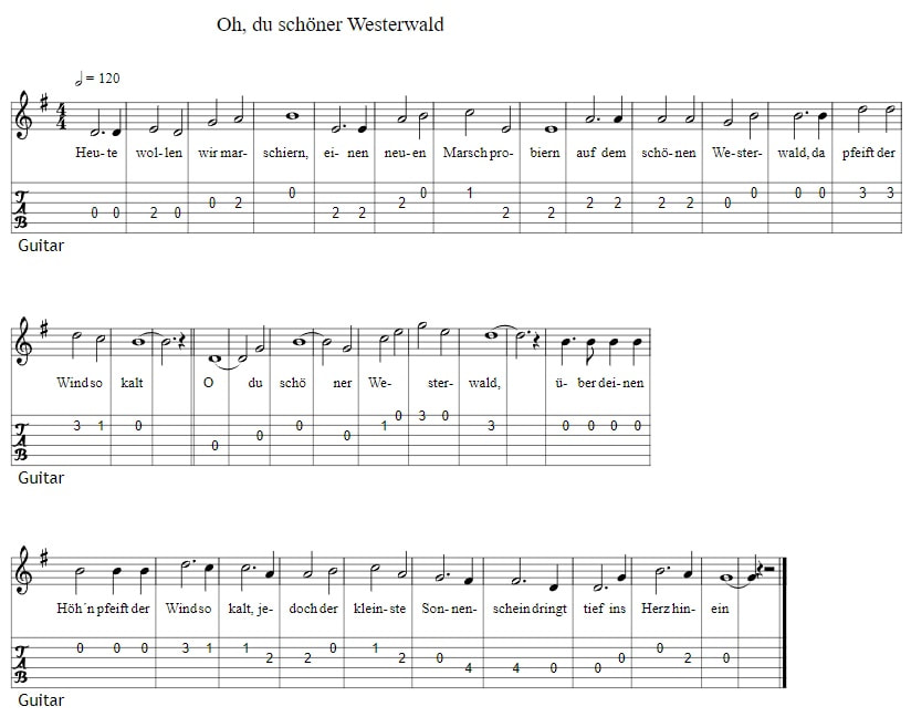 O, du schöner Westerwald Deutsch guitar tab sheet music