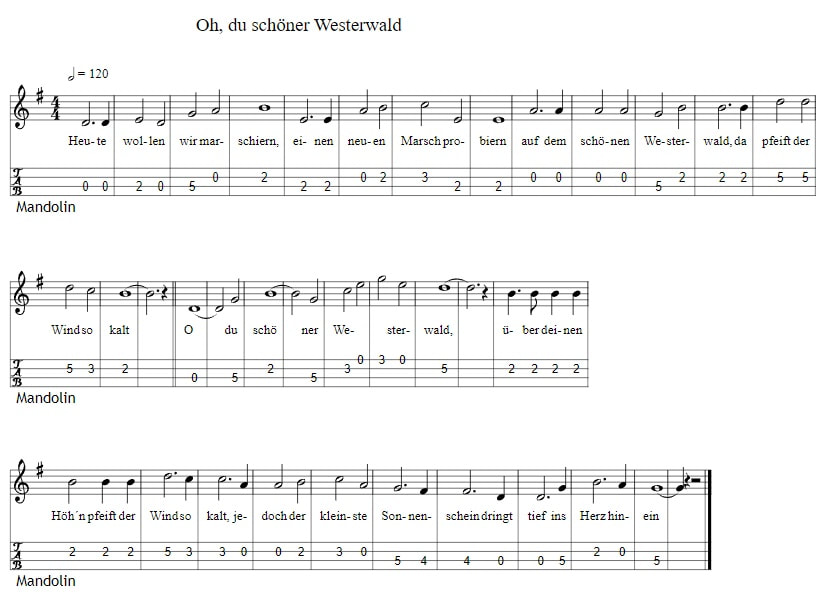 O, du schöner Westerwald Deutsch mandolin tab