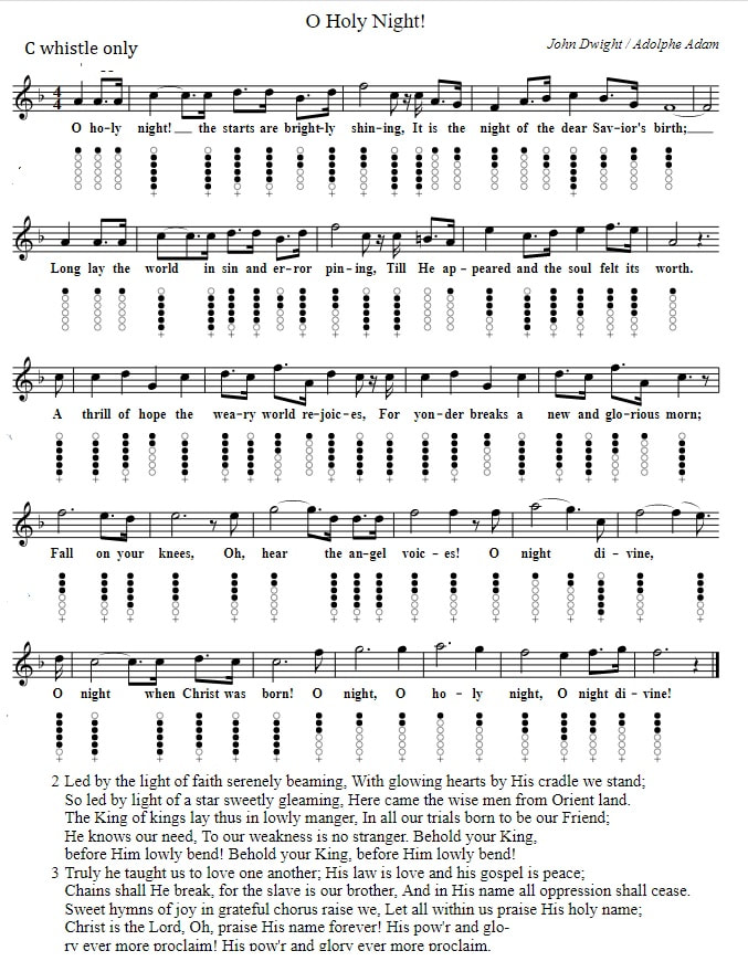 Oh holy night sheet music for C Tuned tin whistle
