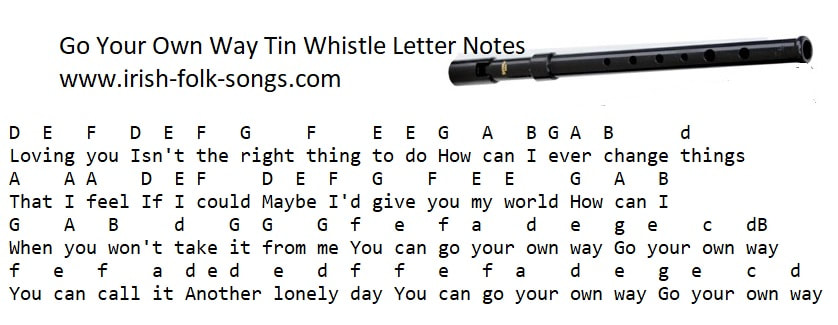 Go Your Own Way Fleetwood Mac Tin Whistle letter Notes in D. All the F and c notes are# [ sharp ]
