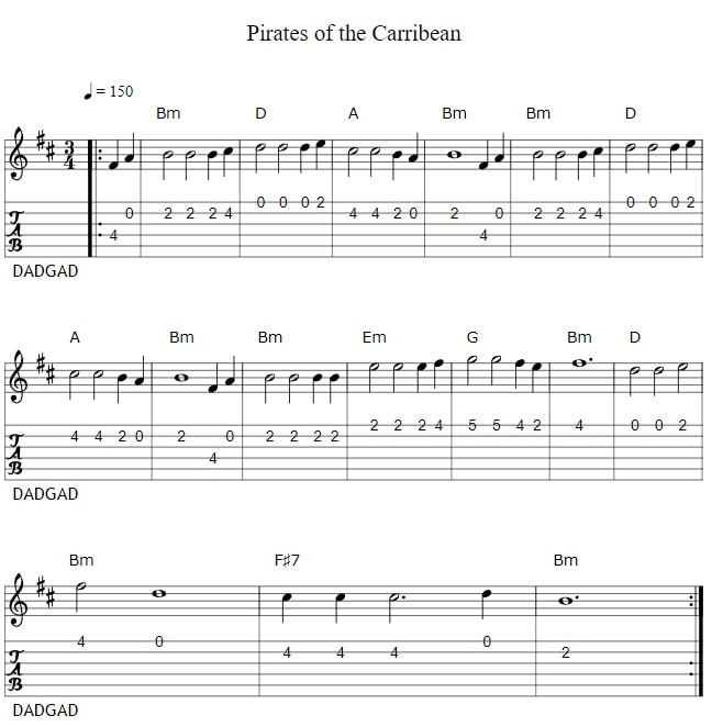 Pirates of the Carribean guitar tab in DADGAD tuning