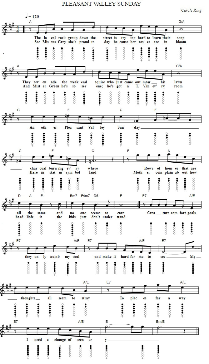 Pleasant Valley Sunday Song Tin Whistle Sheet Music