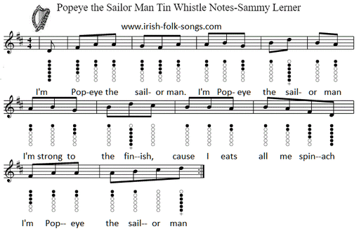 popeye the sailor man sheet music for tin whistle
