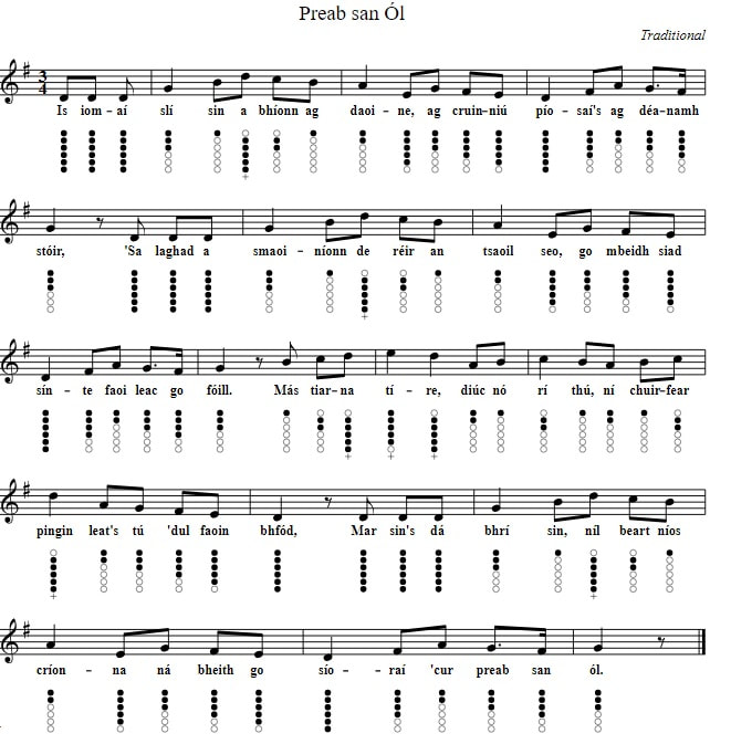 Preab san ol sheet music and tin whistle notes in Irish