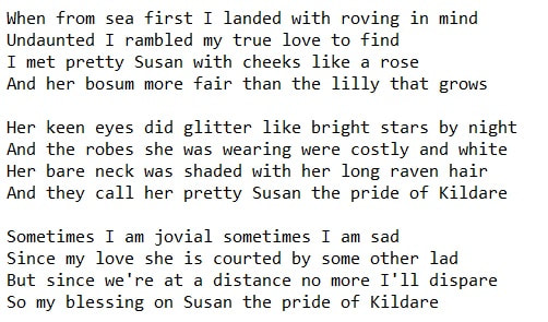 Pretty Susan the pride of Kildare lyrics