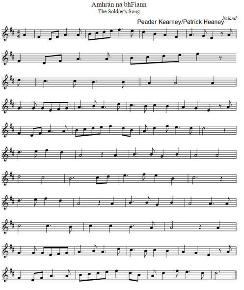 The Irish national anthem full sheet music in D Major