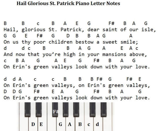 Hail glorious St. Patrick piano keyboard letter notes