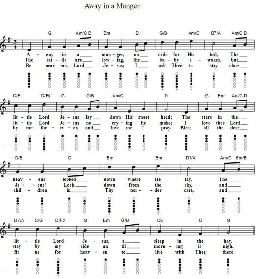 Away in a manger sheet music and tin whistle notes in G Major key