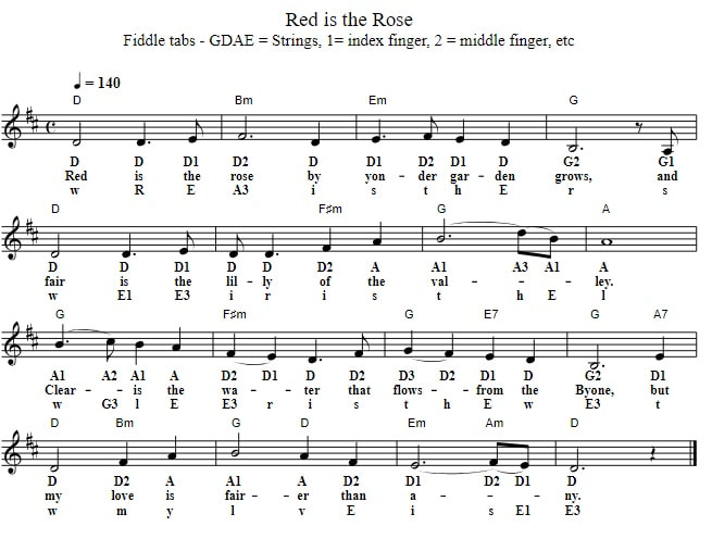 Red is the rose fiddle sheet music for beginners