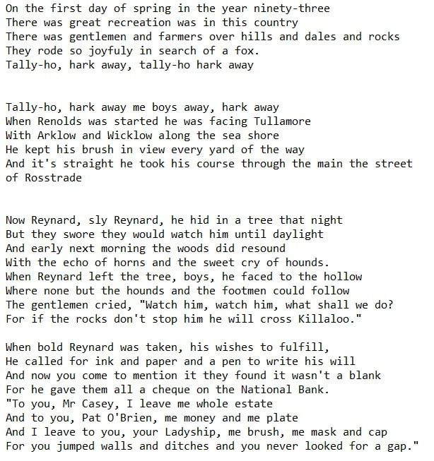 Reynard the fox Irish song lyrics