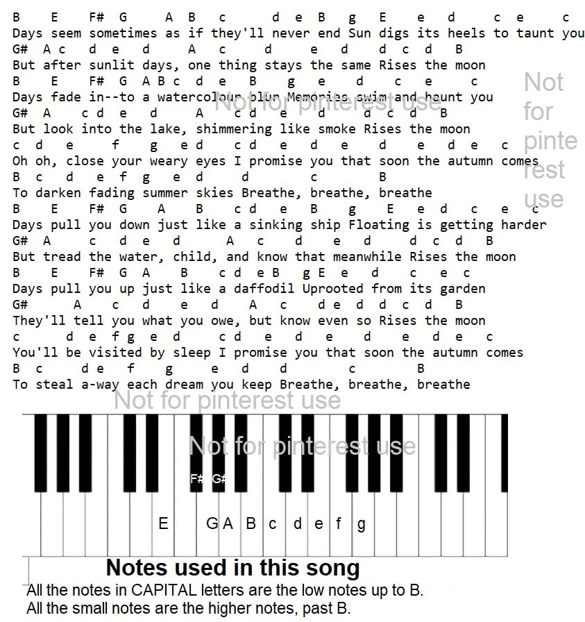 Rises the moon piano keyboard letter notes by Liana Flores