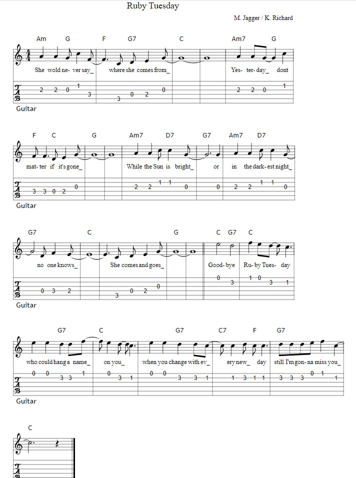 Ruby Tuesday fingerstyle guitar tab in C Major