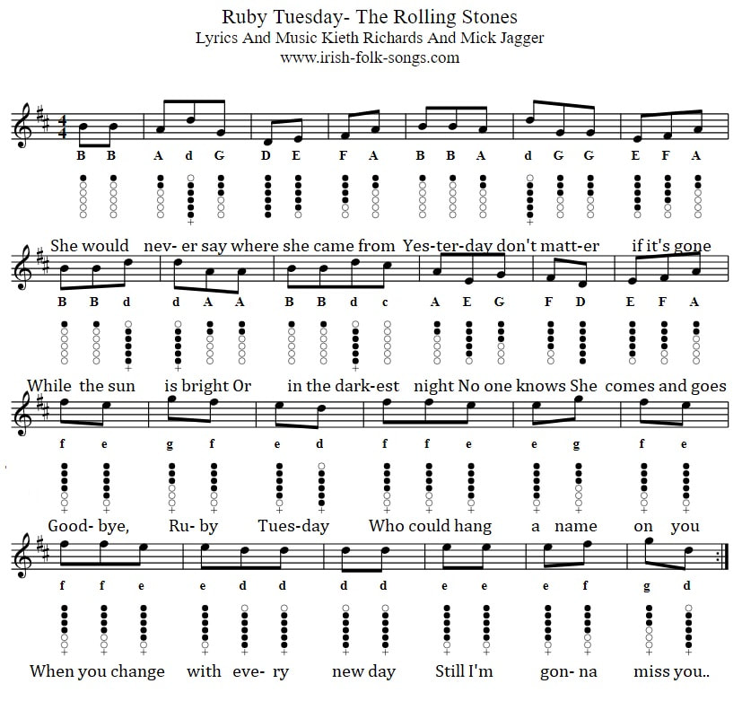 Ruby Tuesday Tin Whistle Sheet Music Notes