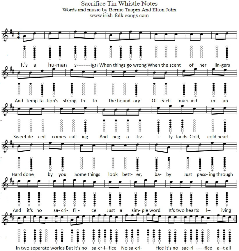 Sacrifice free tin whistle sheet music tab / notes by Elton John