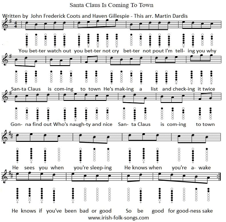 Santa Claus is coming to town tin whistle sheet music notes