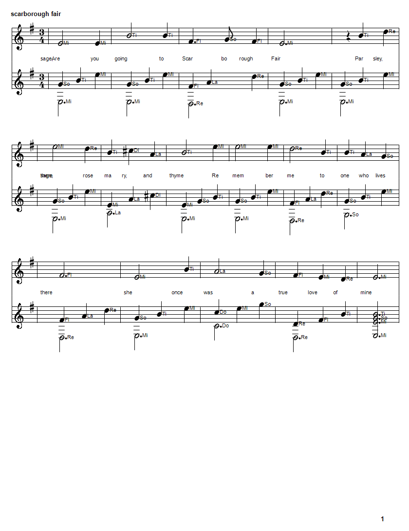 Scarborough Fair Solfege sheet music notes in G Major