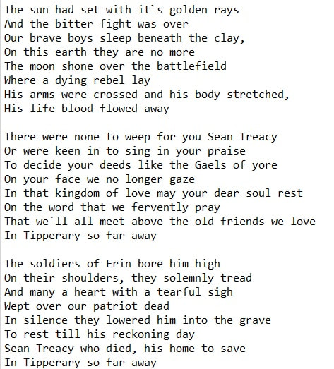 Sean Treacy Tipperary So Far Away Lyrics