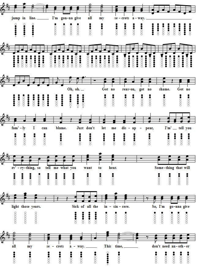 Secrets One Republic Easy Sheet Music And Tin Whistle Notes part four